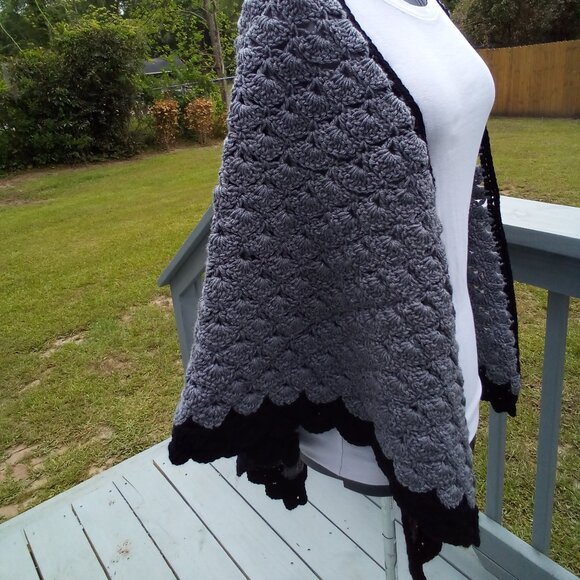 Hand crafted Crochet shawl, Color Gary and black, one size fit most. - Picture 3 of 5